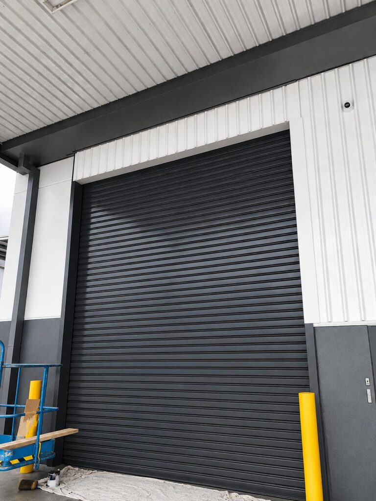 Large-scale charcoal grey industrial roller door painting for a commercial warehouse facility