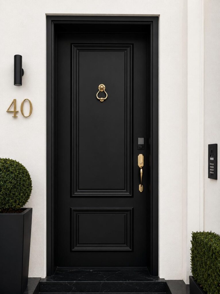 Premium matte black front entry door with ornate paneling and elegant gold hardware for a luxury Sydney home
