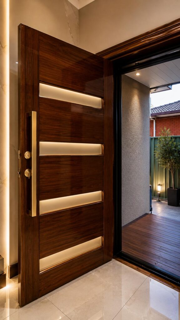 High-gloss timber varnish and stain finish on a modern front entry door with integrated lighting panels