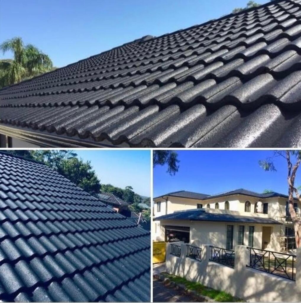 Before and after showcase of a full residential roof tile painting project in Sydney using dark charcoal membrane